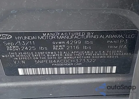2012 Hyundai Sonata Gls из США, поврежденный, VIN 5NPEB4AC0CH373322